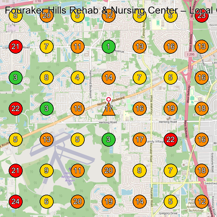 Fouraker Hills Rehab & Nursing Center Rehabilitation Center GeoGrid ranking map for Jacksonville FL